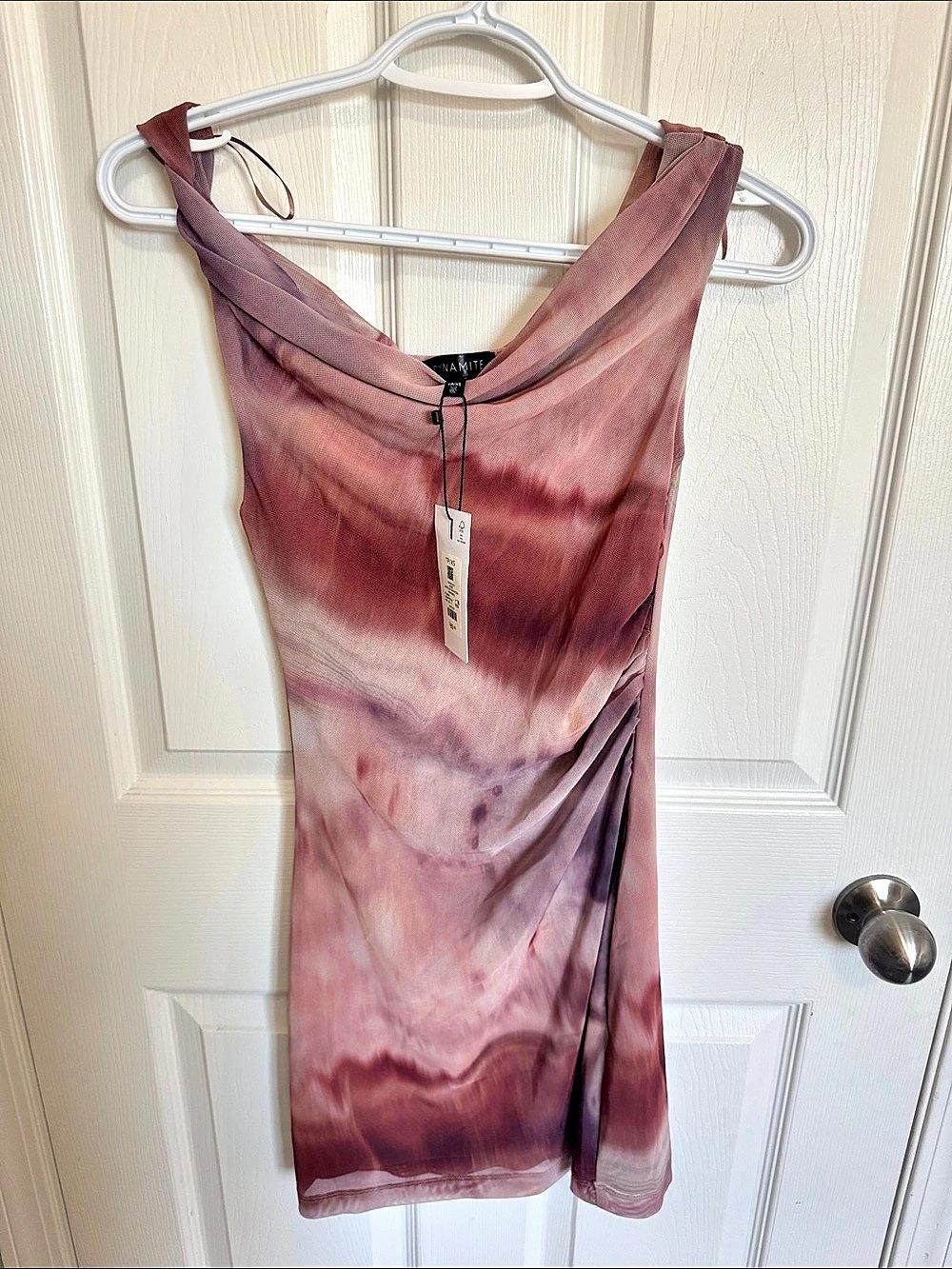 Dynamite Jayde Off Shoulder Mini Dress Tie-Dye Mini Dress in Pink & Purple Size